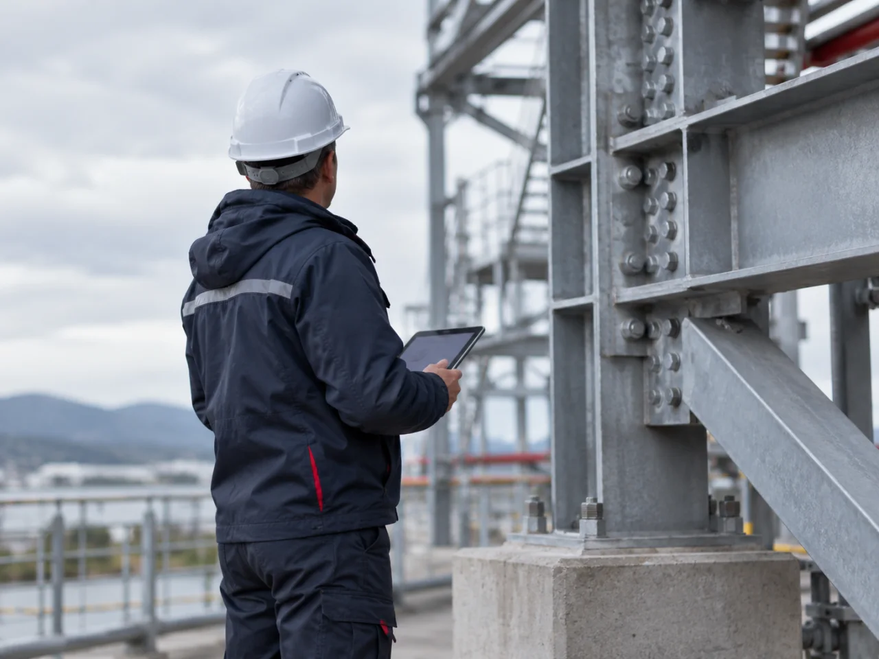 Mobile engineer inspecting a steel structure in the field